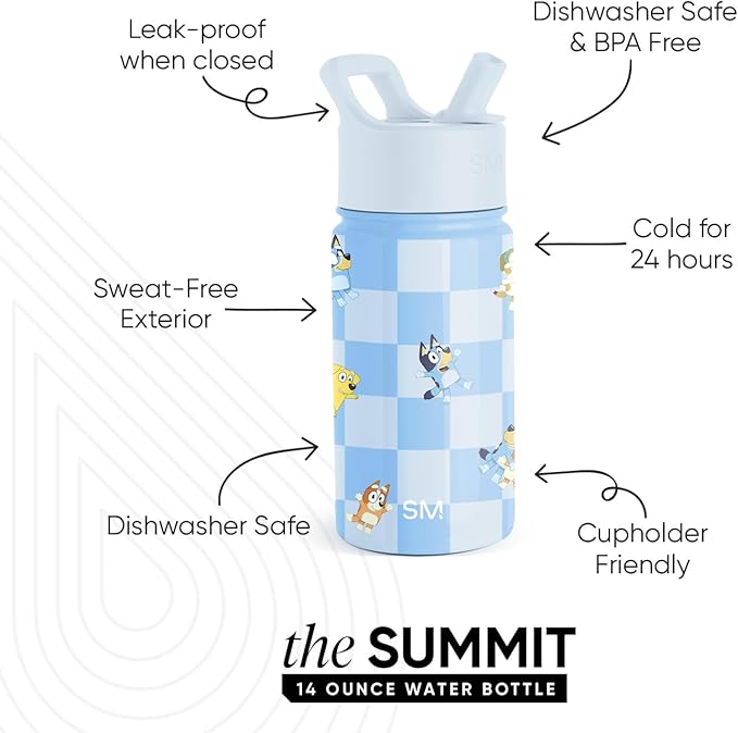 Simple Modern Kids Summit Water Bottle with Straw Lid | Bluey 14oz Stainless Steel Cup Insulated Tumbler for Toddlers, School| Bluey Checkmate