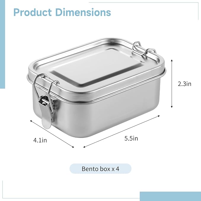 4 PCS Bento Boxes, 550 ML Stainless Steel Lunch Boxes, Food Storage Containers, Portable Metal Lunch Containers, Lockable Clips to Leak Proof, Reusable Dishwasher Safe Lunch Snack Boxes