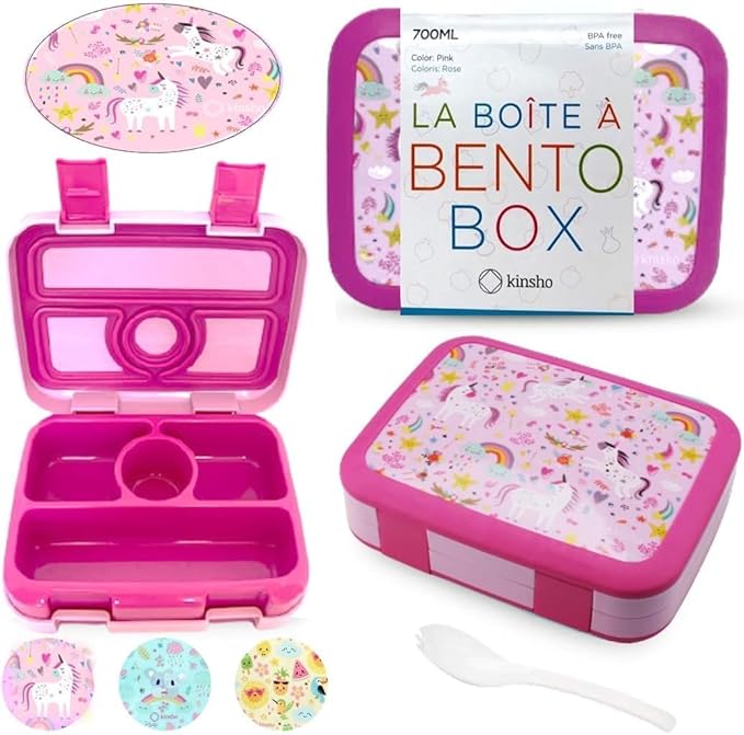 Bento Lunch Box Kids Toddlers: Leakproof Lunch Containers for Boys & Girls with 4 Compartments - School, Daycare, Pre-School, Snack Container with Lid Utensil, BPA-Free Boxes, Age 3+, Pink Unicorn