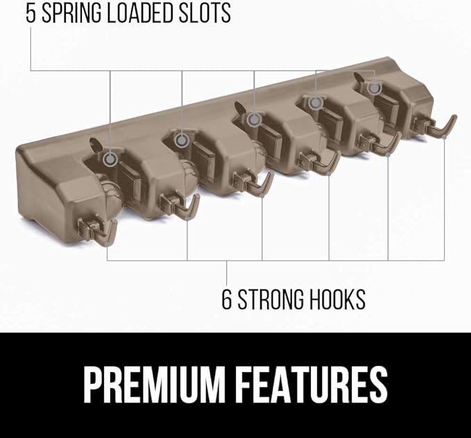 GORILLA GRIP Wall Mount Hook Fixture, Also Includes Slots to Hold Mop, Broom, Tools, Easy Install, Organize Cleaners, Tools, Home, Kitchen, Garage, 6 Hooks 5 Slots, Beige