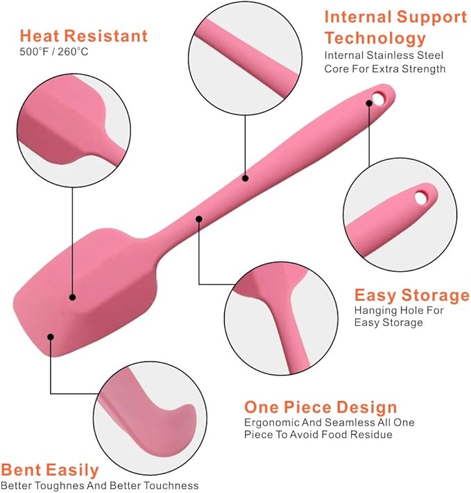 Silicone Spatulas Set, Rubber Spoon Spatula Heat Resistant Spoonula One Piece Design Seamless Spatula Non-Stick Scrapers Baking Mixing Tool (Pink)