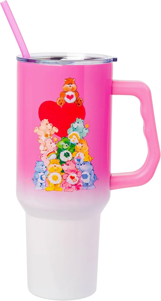 Silver Buffalo Care Bears Watercolor Heart Ombre Stainless Steel Tumbler with Handle and Straw, Fits in Standard Cup Holder, 40 Ounces (Pack of 12)