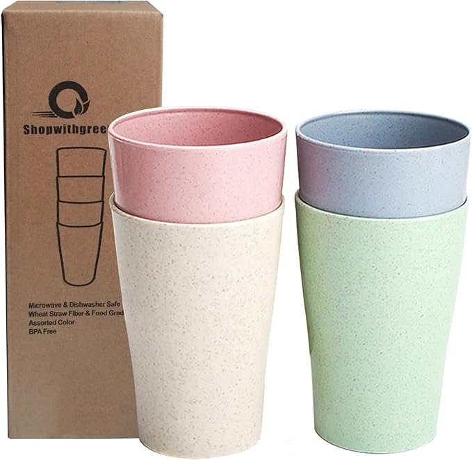 shopwithgreen 14 oz Wheat Straw Cups, Unbreakable Drinking Glasses Stackable | Reusable Water Tumbler, Mug Set for Coffee, Wine, Camping, BPA-Free | Dishwasher & Microwave Safe