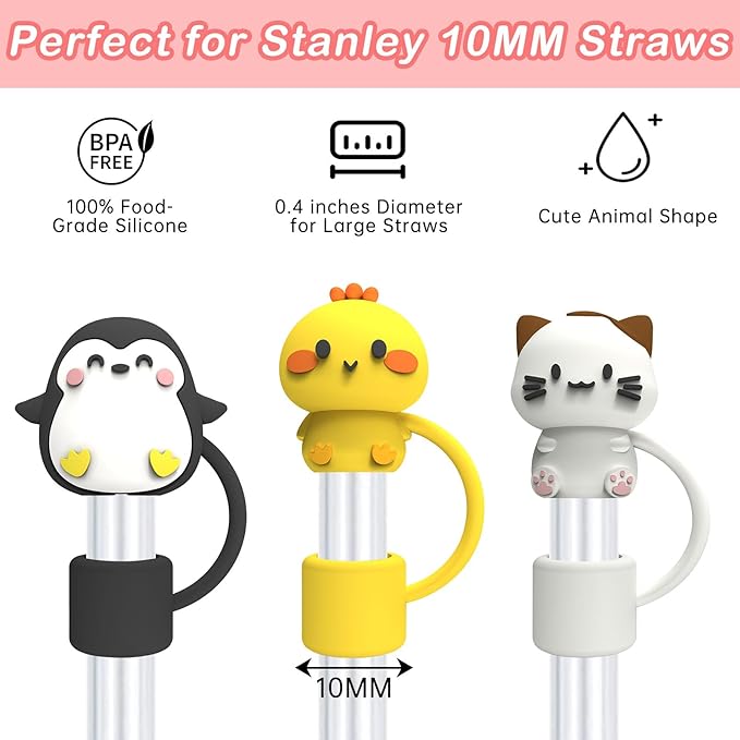 Silicone Cute Animal Straw Cover Cap for Stanley 30&40 Oz Tumbler with Handle, 6 Count, 10mm, Color 2