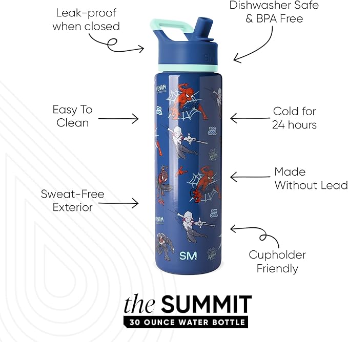 Simple Modern Summit Water Bottle with Straw Lid | Marvel 30oz Leak Proof Stainless Steel Insulated Cup | Gifts for Her Him | Spiderman Mashup