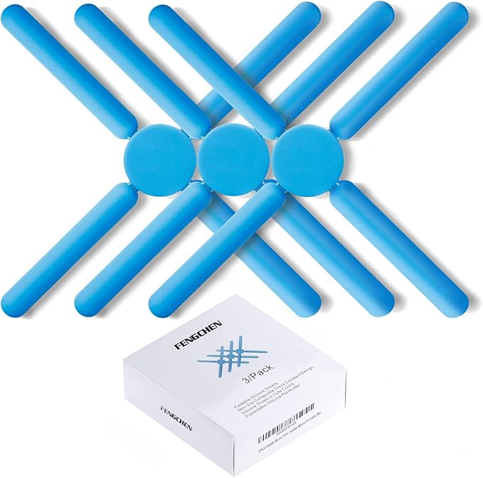 3/Pack Foldable Trivets Silicone, FENGCHEN Folding Trivets, Non-Slip Collapsible Cross Compact Design Expandable Silicone Pot Holder, Blue