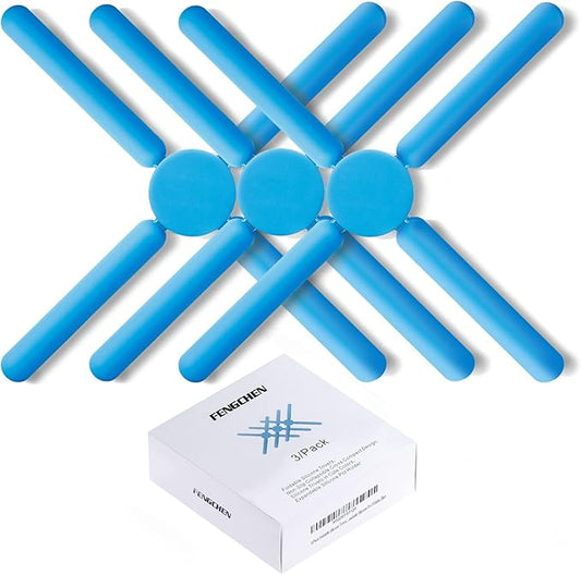 3/Pack Foldable Trivets Silicone, FENGCHEN Folding Trivets, Non-Slip Collapsible Cross Compact Design Expandable Silicone Pot Holder, Blue
