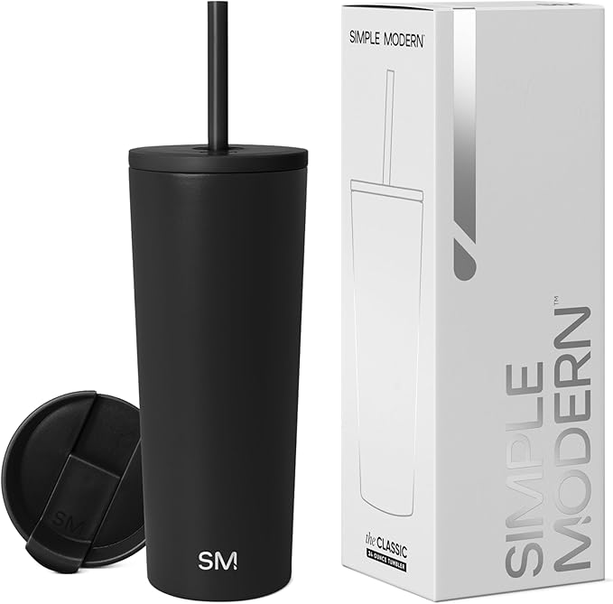 Simple Modern Insulated Tumbler with Lid and Straw | Iced Coffee Cup Reusable Stainless Steel Water Bottle Travel Mug | Gifts for Women Men Her Him | Classic Collection | 24oz | Midnight Black