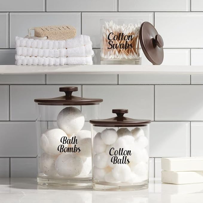 mDesign Home Organization Labels - Preprinted Label Stickers for Bathroom Storage and Cleaning - Household Organizing for Jars, Canisters, Containers, Bins, and Boxes - 32 Count - Clear/Black