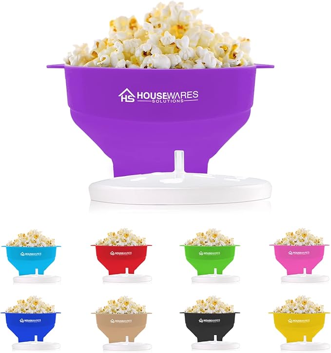 Collapsible Silicone Microwave Hot Air Popcorn Popper Bowl With Lid and Handles (Purple)