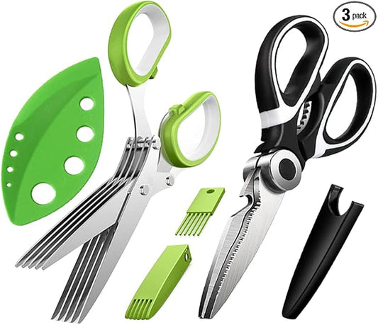 3 Pack Herb Stripper Tools Kit With 5-Blade Stainless Steel Scissors, Heavy Duty Meat Shears, Kitchen Stripping Tool, Safe Covers, Cleaning Comb, Multipurpose Chopping Mincer