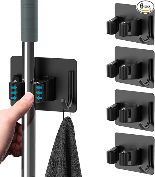 Mop Broom Holder No Drill, Mop Broom Organizer Wall Mounted Heavy Duty with Hooks Hanger, Self Adhesive Stainless Steel 6Pcs for Bathroom, Kitchen, Office (Black)