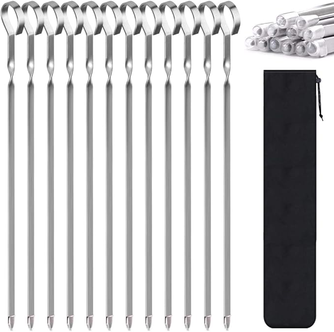 Skewers for Kabobs, 12" Metal Kebab Skewers for Grilling Flat Long Stainless Steel Kabob Sticks Reusable Grill Shish BBQ Barbecue Sticks for Meat Chicken Vegetable Shrimp, 12 Pack