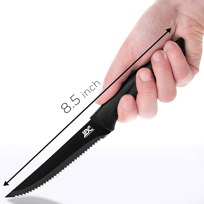 LDC Serrated Steak Knives Set of 8, Elegant Black Ultra Sharp Knives, Dishwasher Safe Stainless Steel Dining Knife Set