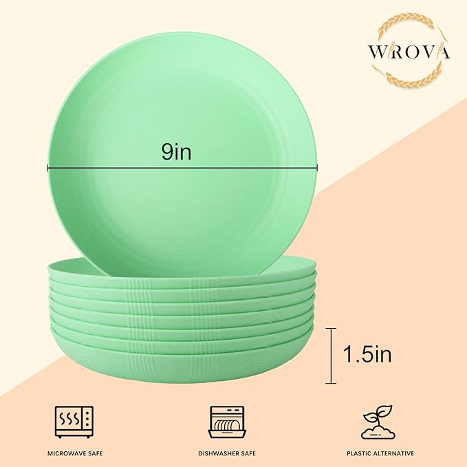 Wrova Wheat Straw Plates - 9 Inch Unbreakable Dinner Plates Set of 8 - Dishwasher & Microwave Safe Plastic Plates Reusable for Kitchen and Camping (Light Green)