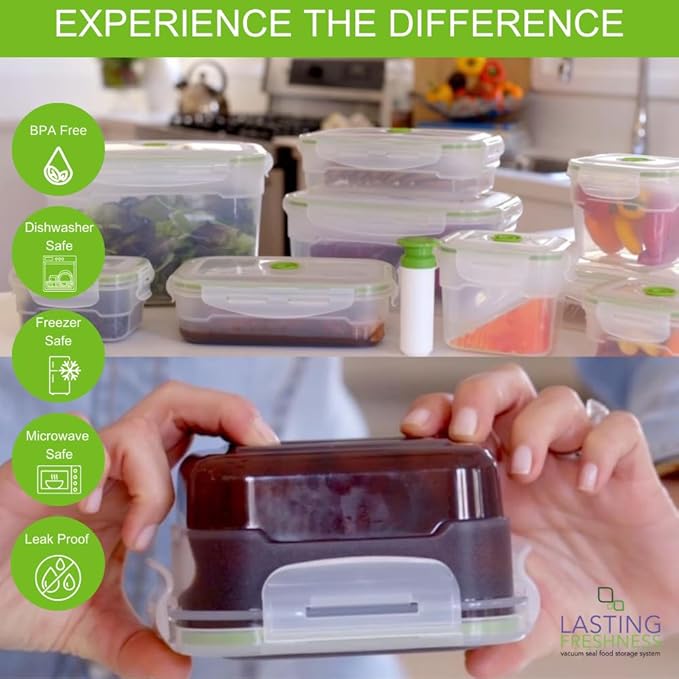 Lasting Freshness Vacuum Seal Food Storage Containers with Hand Pump – BPA-Free Plastic, Airtight Meal Prep & Leftovers Containers, Keep Food Fresh 5X Longer, 19-Piece Set