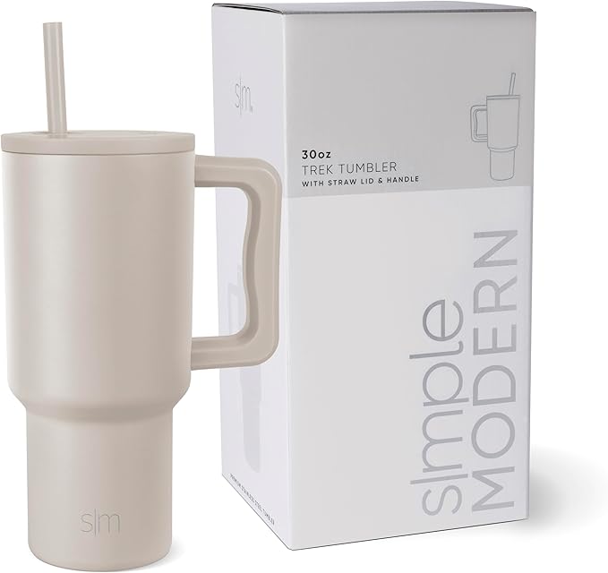 Simple Modern 30 oz Trek Tumbler with Handle and Straw Lid | Cup Holder Friendly Insulated Stainless Steel Travel Mug | Almond Birch