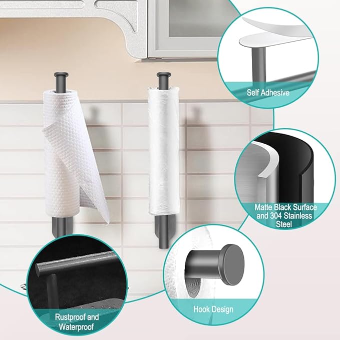 Paper Towel Holder Wall Mount, Self Adhesive Or Drilling Under Cabinet Kitchen, 13.2 inch Stainless Steel Paper Towel Roll Rack, Towel Roll Hanger for Bathroom (Grey, Rectangle)