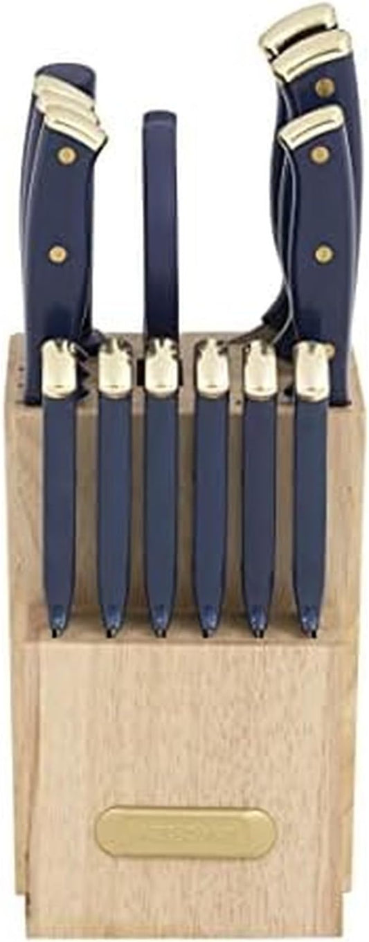 Farberware Triple Riveted Knife Block Set, 15-Piece, Navy and Gold, High-Carbon Stainless Steel Blades, Ergonomic Handles, Includes Wood Storage Block