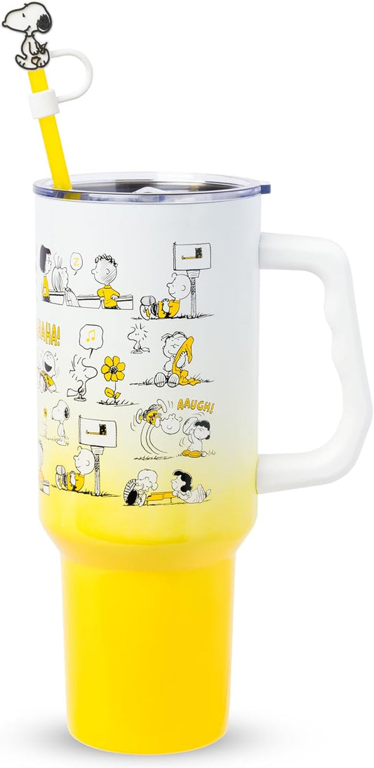 Silver Buffalo Peanuts Iconic Scenes Featuring Charlie Brown, Snoopy, Woodstock, Lucy, Sally, Linus & More Stainless Steel Tumbler w Handle, Straw, & Straw Cap, Fits in Standard Cup Holder, 40 Ounces