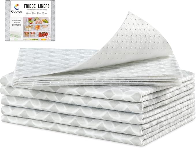 Cooyes Refrigerator Liners, Non-Slip Fridge Liners Washable, Absorbent Refrigerator Shelf Liner for Kitchen Cabinets, Non-Adhesive Refrigerator Mats Fridge bin Liners 12" x 24", 6Pcs