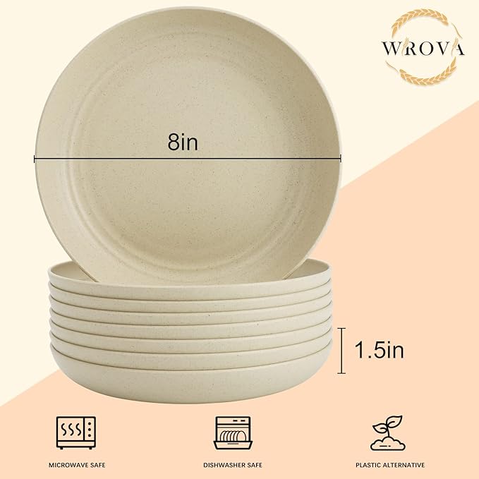 Wrova Wheat Straw Plates - 8 Inch Unbreakable Dinner Plates Set of 8 - Dishwasher & Microwave Safe Plastic Plates Reusable - Lightweight Small Plates for kitchen,R.V. (Beige)