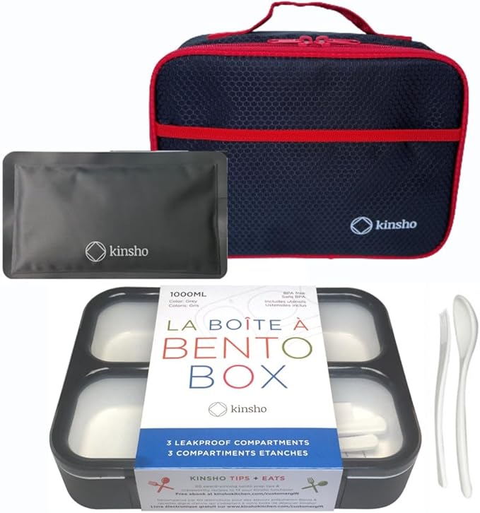 Bento Box with Insulated Lunch Bag and Ice Pack for Kids Container for Adults Snacks and Lunches. 3 Compartments, Leak-Resistant Portion Boxes Japanese Style for School or Work, Black with Red Trim