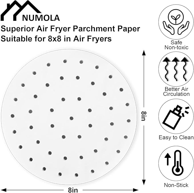 Numola Air Fryer Parchment Paper Liners, 100 Pcs Disposable Papers Liner for Baking, 8 Inch Safe Air Fryer Paper, Non-stick Steamer Liner for Microwave, Oven, Steaming Basket