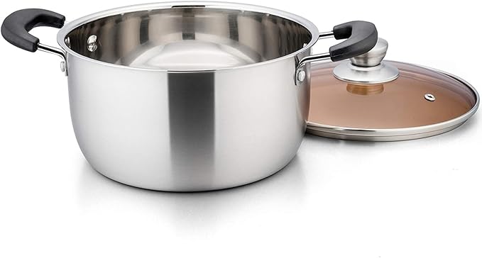 6 Quart Stock Pot with Lid, P&P CHEF Stainless Steel Cooking Pot Stockpot for Soup and Pasta, Heat-proof Handle & Glass Lid, Dishwasher Safe & Non Toxic