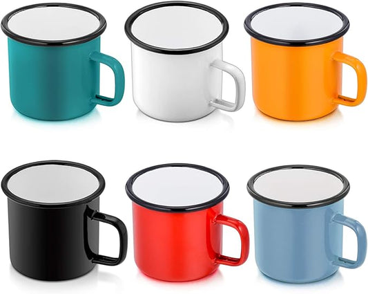P&P CHEF Enamel Camping Coffee Mug Set of 6, Small Colored Mugs Cups for Family Gathering/Friend Party/Camping/Picnic/Fishing, Lightweight & Portable -12 Ounce, 350ML & Multicolor