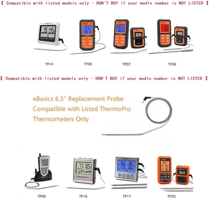 Grilling BBQ Meat Thermometer Temperature Probe Replacement Thermometer Probe Compatible with Thermopro TP25 TP20 TP07 TP-07 TP08 TP-08S TP06S TP16 TP-16S TP17, Fit Listed Models Only