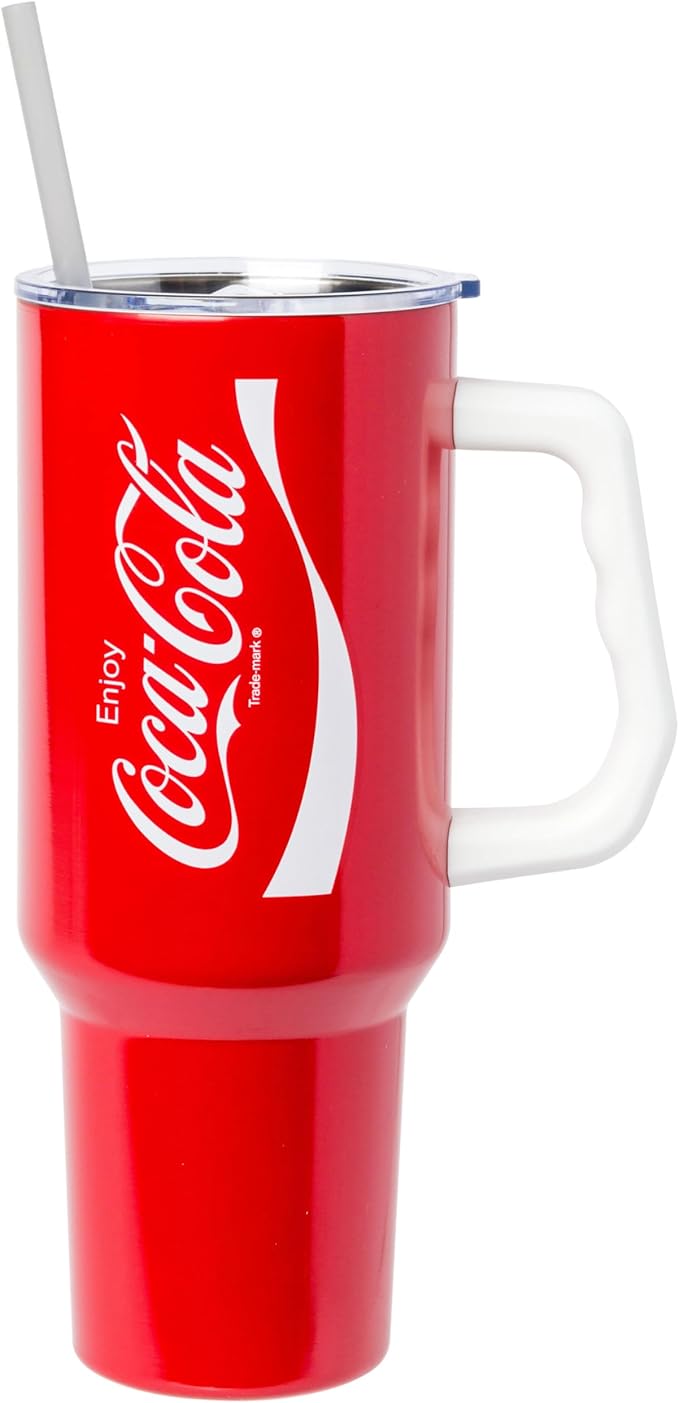Silver Buffalo Coca-Cola Coke Stainless Steel Tumbler with Handle and Straw, Fits in Standard Cup Holder, 40 Ounces