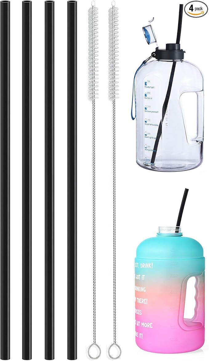 ALINK 15 inch Extra Long Reusable Black Silicone Straws, 4-Pack Flexible Straws for Stanley 40 oz Tumbler, 1 Gallon Water Bottle, Wine Bottle, 128 64 oz Tumbler with Brush