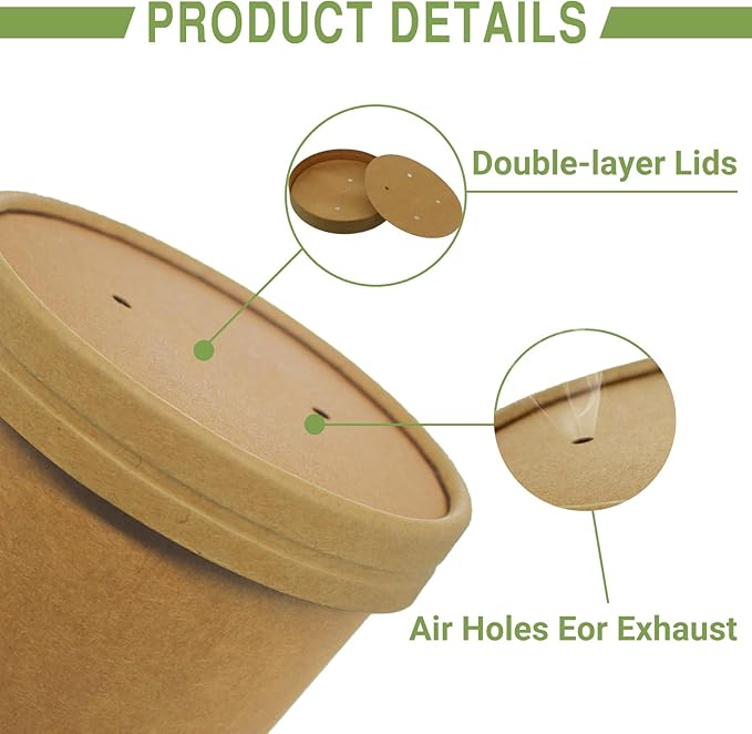 50 SET 8OZ Kraft Paper Soup Cups with Lids Compostable Paper Food Cup with Vented Lid, Disposable Ice Cream Cup, Great For Restaurants, Take Outs, or To-Go Lunch