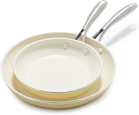 GreenLife Artisan Healthy Ceramic Nonstick, 8" and 10" Frying Pan Skillet Set, Stainless Steel Handle, Induction, PFAS-Free, Dishwasher Safe, Oven Safe, Yellow