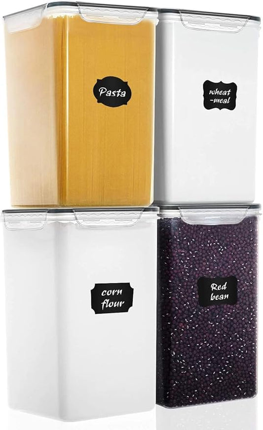 Extra Large 7qt / 6.5L/220oz Tall Food Storage Containers, WIDE & DEEP, 4-Piece Plastic Airtight Kitchen Pantry Storage Containers for Flour, Sugar, with 4 Measuring Cups,20 Labels