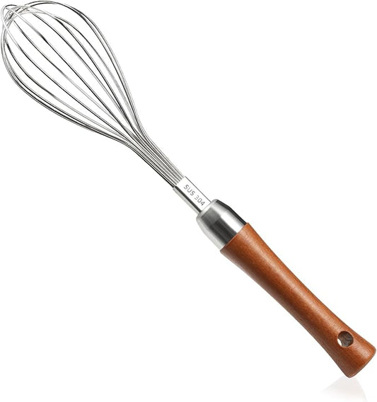 Stainless Steel Wire Whisk - Wooden Handle Kitchen Whisk - Balloon Whisk Egg Beater for Stirring Whisking Blending Mixing Egg Gravy Cake Batter Flour or Sauces.