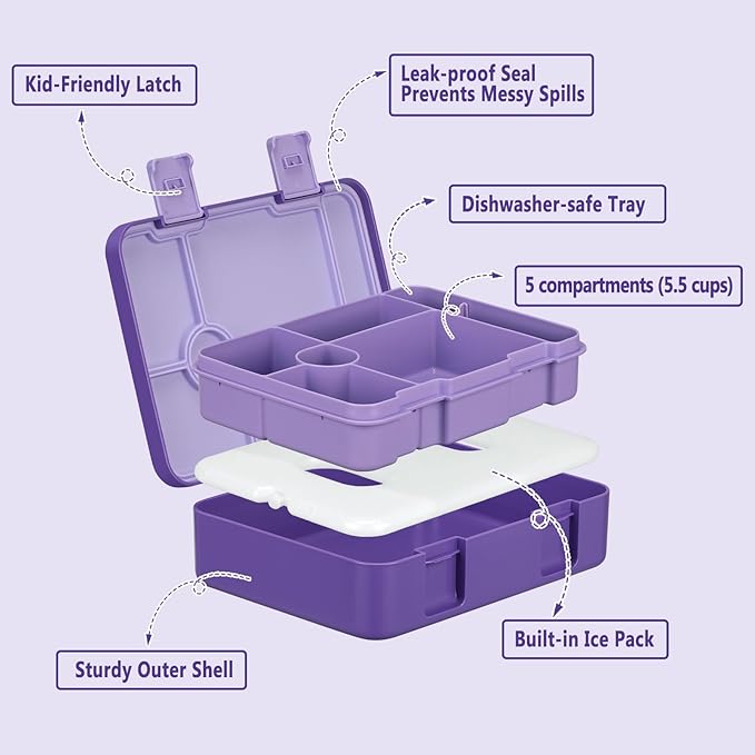 Kids Bento Lunch Box with Ice Pack, 5 Compartments Leak-Proof Bento Box with Utensils, 5.5-Cup Capacity for Adults & Ages 8+, BPA Free, Microwave & Dishwasher Safe, Purple