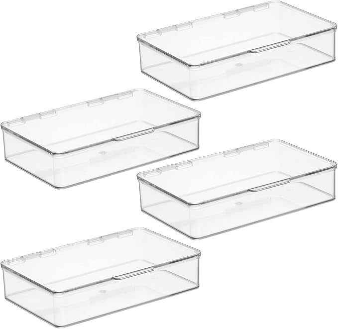 mDesign Plastic Stackable Storage Organizer Bin with Hinged Lid for Bathroom, Cabinet, Drawer, Under Sink, Shelf Organization Holds Medicine, Bath Essentials, Cleaning Supplies - 4 Pack - Clear