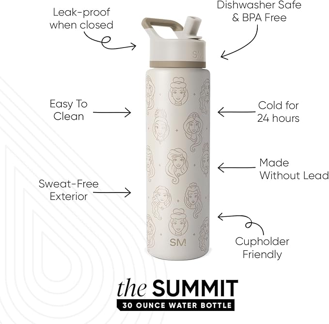 Simple Modern Summit Water Bottle with Straw Lid | Disney 30oz Leak Proof Stainless Steel Insulated Cup | Gifts for Her Him | Princess Icons