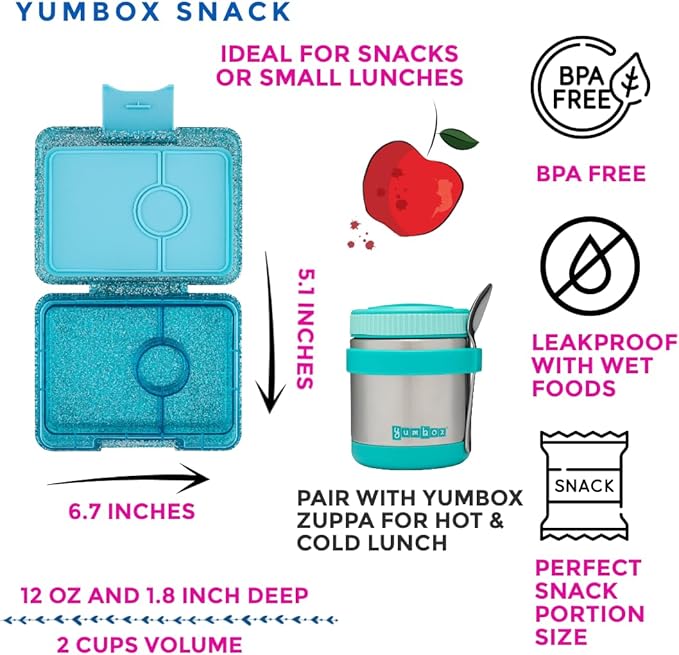Yumbox Snack Box – Leakproof, BPA-Free, 3-Compartment Snack Container for Kids & Adults – Portable, Lightweight & Easy to Clean – Ideal for Fruits, Veggies, Crackers & Dips (Glitter Blue)