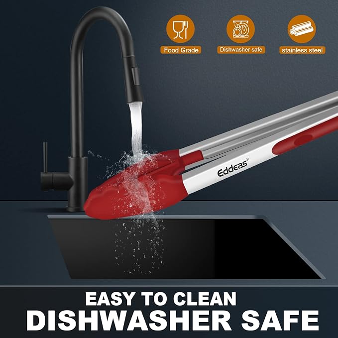 Tongs For Cooking - 7",9" and 12 inch Kitchen Tong with Silicone Tip,Heat Resistant 600 Degrees Metal Locking Tongs - for cooking,Salad and Barbecue,Red Set of 3