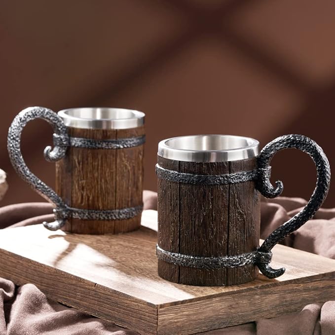 Arola Handmade Wooden Barrel Beer Mug, Stainless Steel Vintage Beer Cup, Medieval Drinkware Mug for Coffee/Beverage/Juice17oz Gift for Men.