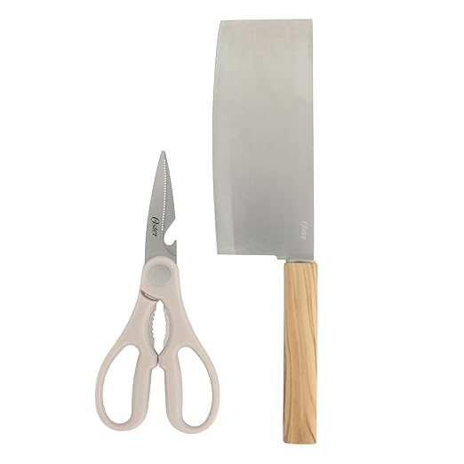 Oster Huntingfield 2 Piece Knife Set - Olive Wood Cleaver Knife and Stainless Steel Kitchen Shear Scissor