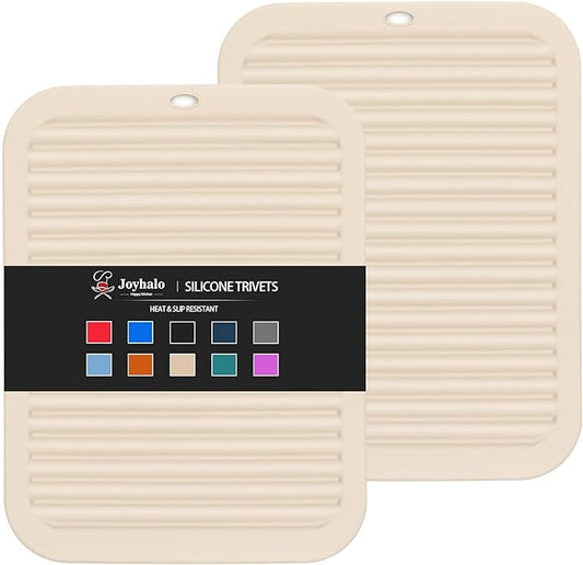 Joyhalo Trivets for Hot Dishes - Hot Pads for Kitchen, Silicone Trivets for Hot Pots and Pans, Hot Plates to Protect Table, Quartz Countertops Heat Resistance to 480°F, Set of 2, Khaki