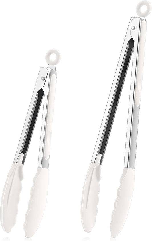 TeamFar Kitchen Tongs, 9" and 12" Stainless Steel Cooking Tongs with Silicone Tips for Cooking Grilling Serving & BBQ, Heat Resistant Silicone Tongs, Locking Design & Dishwasher Safe, Set of 2 & White
