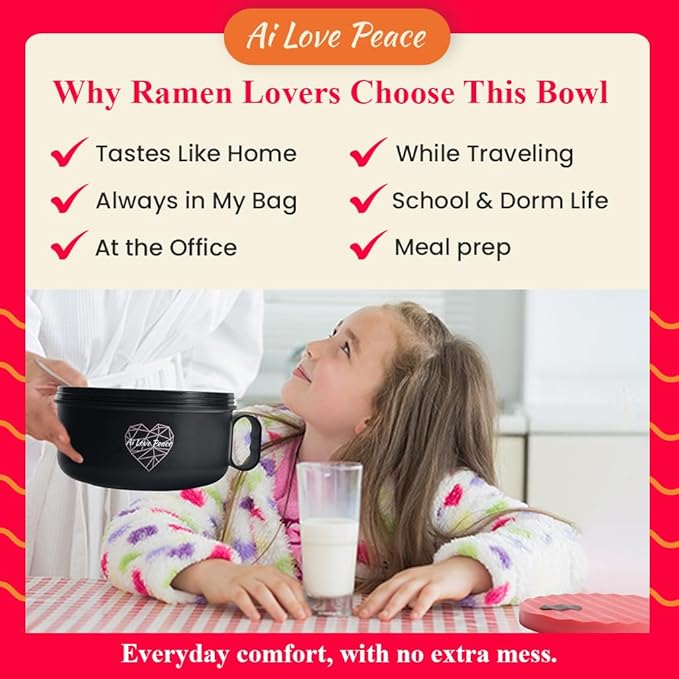 AI LOVE PEACE Ramen Bowl, 40 oz Microwaveable Noodle Cooker for Ramen, Pho, Soup, and Pasta, Dishwasher Safe and Portable, Ideal for Home, Office, Dorm, or Gift (Red)
