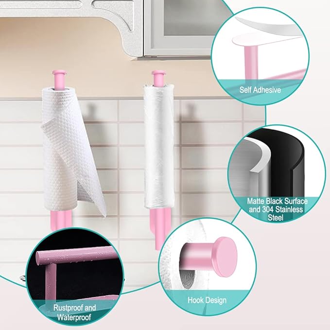 MGahyi Paper Towel Holder Wall Mount, Self Adhesive Or Drilling Under Cabinet Kitchen, 13.2 inch Stainless Steel Paper Towel Roll Rack, Towel Roll Hanger for Bathroom (Rectangle-Pink, Rectangle)