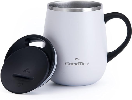 GRANDTIES Insulated Coffee Mug with Handle - Sliding Lid for Splash-Proof 16oz Wine-Glass Shape Thermal Tumbler with Double Walled Vacuum Stainless Steel to Keeps Beverages Hot or Cold-Pearl