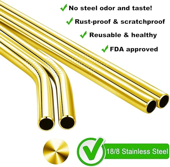 Vinaco 8.5" and 10.5" Big Smoothie & Milkshake Straws, 4 Pack Food-Grade Stainless Steel 0.4" Wide Mouth for Thick Drinks, Gold Metal Reusable
